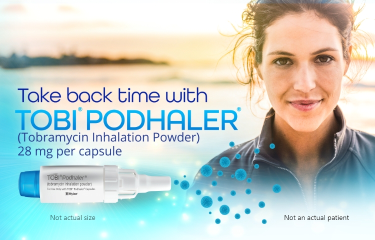 Image of TOBI® PODHALER® (Tobramycin Inhalation Powder) 28 mg per capsule device with photo of woman 
