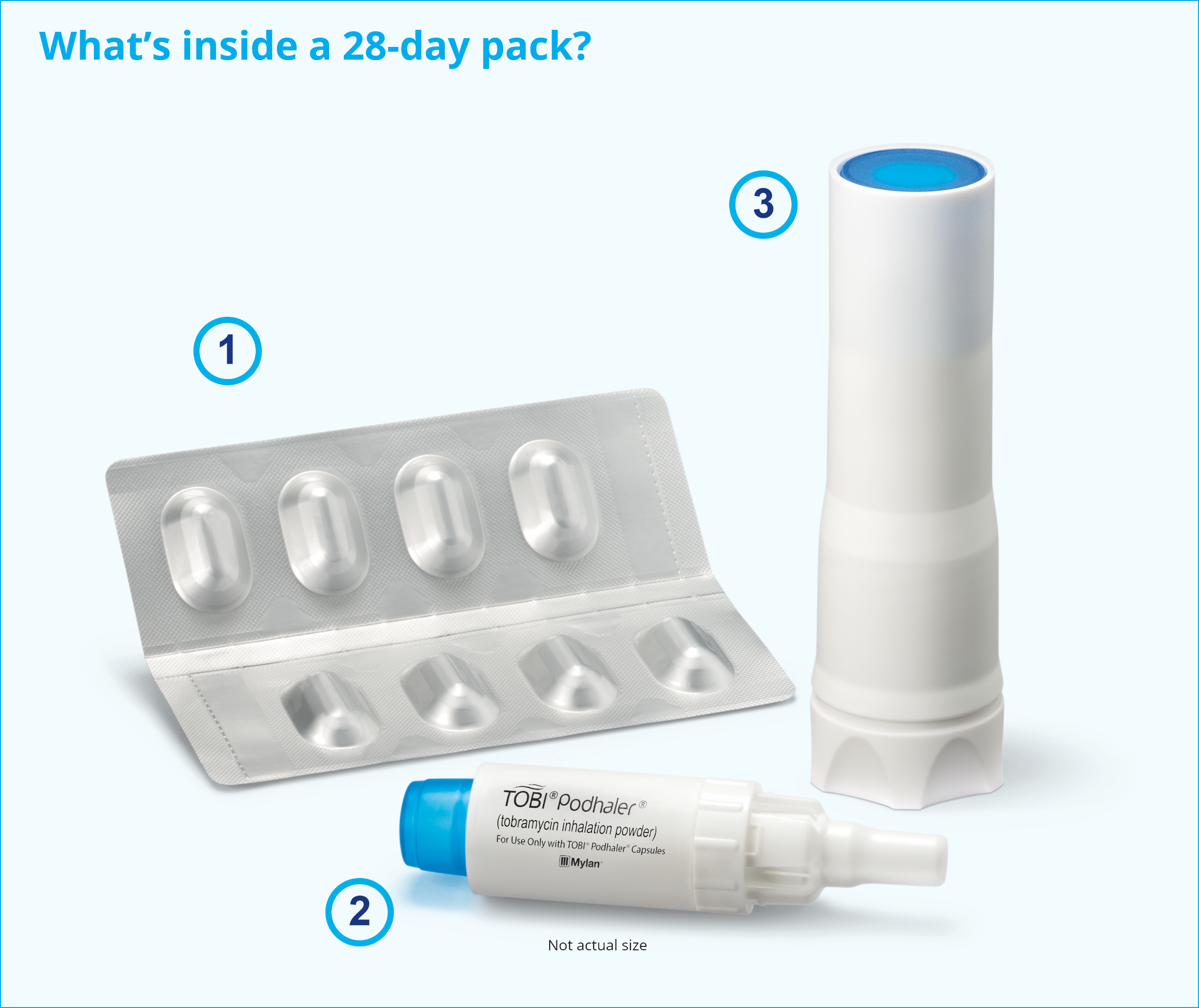 image TOBI® PODHALER® (Tobramycin Inhalation Powder) 28 mg per capsule device, case, and blister pack containing capsules
